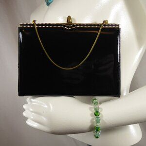 VTG Etra Shiny Black Patent Leather Structured Clutch Purse Evening Bag Handbag